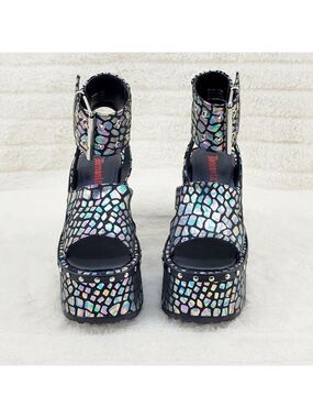 NIB DEMONIA Camel 102 Stacked Black Hologram Platform Sandals Goth Punk NY